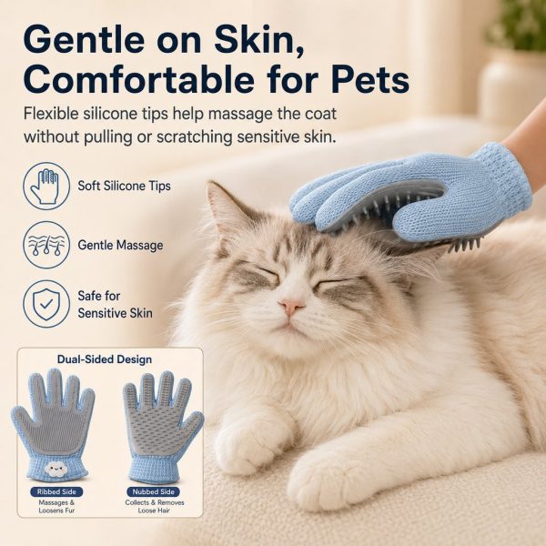 Blue dual sided pet grooming glove closeup of flexible tips touching a cat's head.