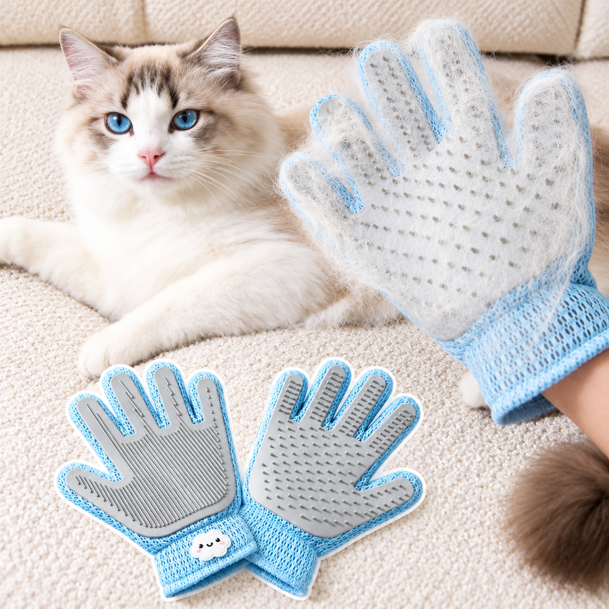 Blue dual sided pet grooming glove with collected fur beside a cat on a sofa.