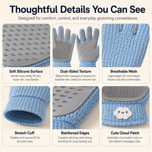 Blue dual sided pet grooming glove detail collage showing silicone surfaces, mesh, cuff and stitching.