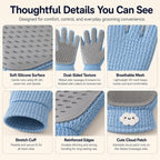 Blue dual sided pet grooming glove detail collage showing silicone surfaces, mesh, cuff and stitching.