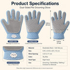Blue dual sided pet grooming glove dimension chart with ribbed and nubbed side views.