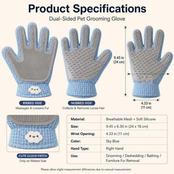Blue dual sided pet grooming glove dimension chart with ribbed and nubbed side views.