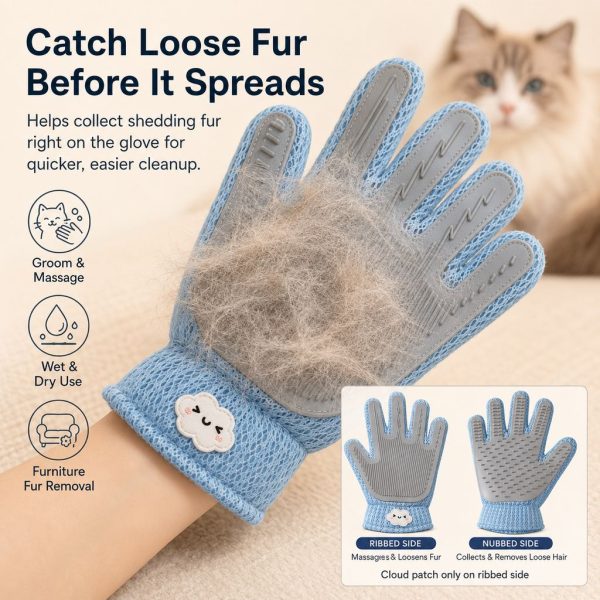 Blue dual sided pet grooming glove holding collected loose fur after brushing a cat.