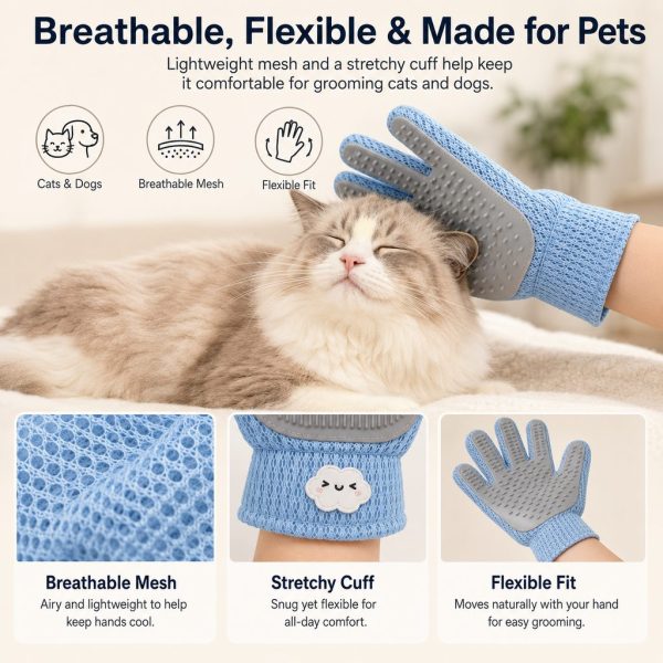 Blue dual sided pet grooming glove showing mesh and flexible fit while petting a cat.