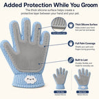 Blue dual sided pet grooming glove showing the ribbed palm and full hand coverage.