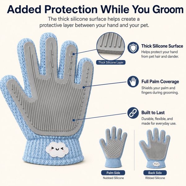 Blue dual sided pet grooming glove showing the ribbed palm and full hand coverage.