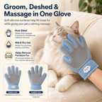 Blue dual sided pet grooming glove stroking a cat's cheek with grooming feature callouts.