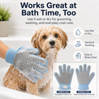 Blue dual sided pet grooming glove used on a wet dog during bath time.