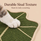 Botanical sisal cat scratcher mat closeup of woven green sisal beneath a cat's paw.