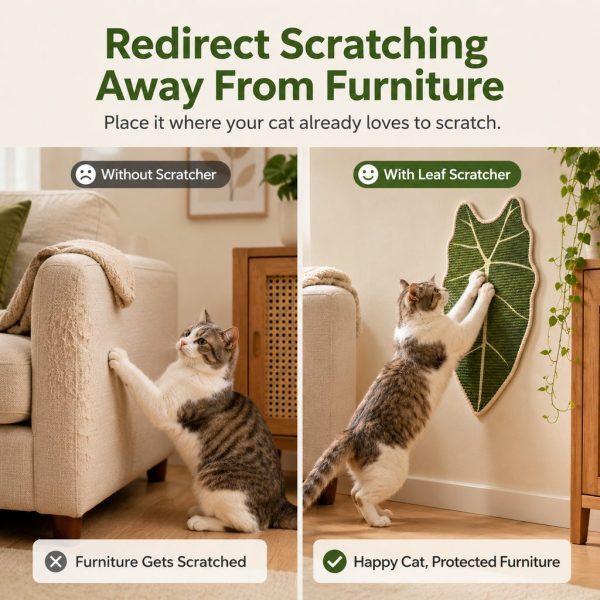 Botanical sisal cat scratcher mat comparison showing a cat scratching a sofa and a wall mat.