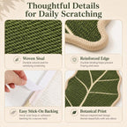 Botanical sisal cat scratcher mat detail collage showing sisal weave, edging and adhesive backing.