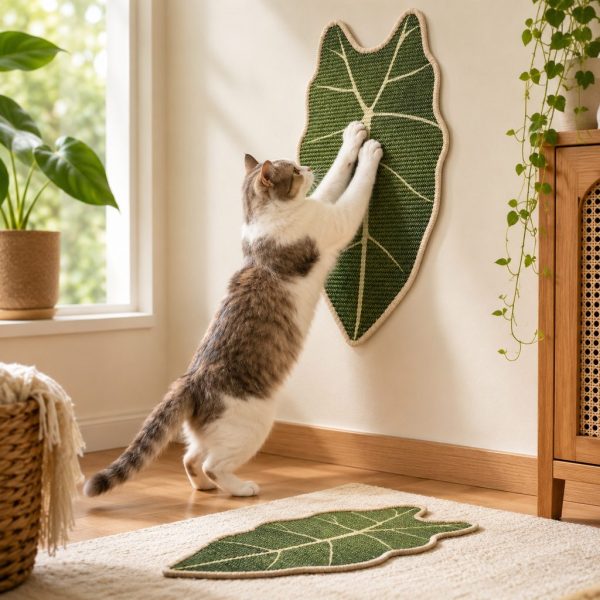 Botanical sisal cat scratcher mat in a leaf shape mounted on a wall with a cat stretching upward.