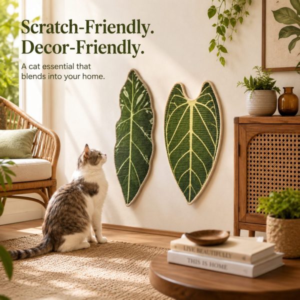 Botanical sisal cat scratcher mat in leaf shapes displayed as wall decor near a sitting cat.