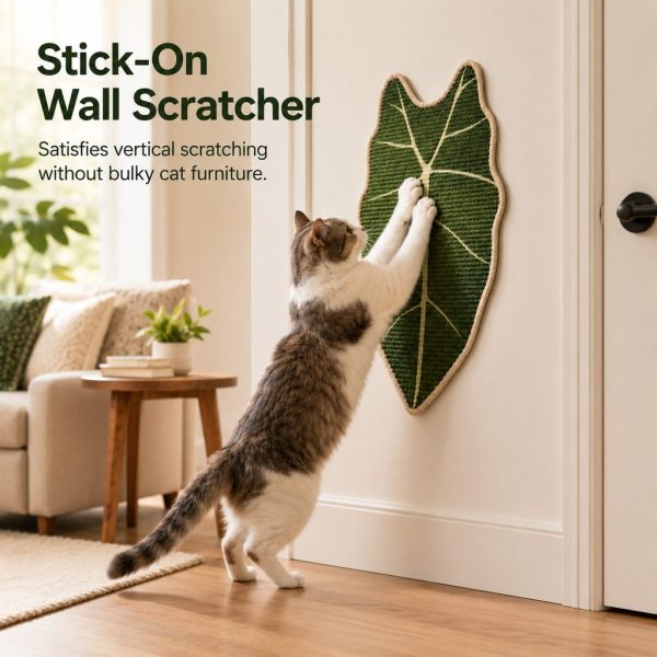 Botanical sisal cat scratcher mat mounted on a door for a cat scratching upright.