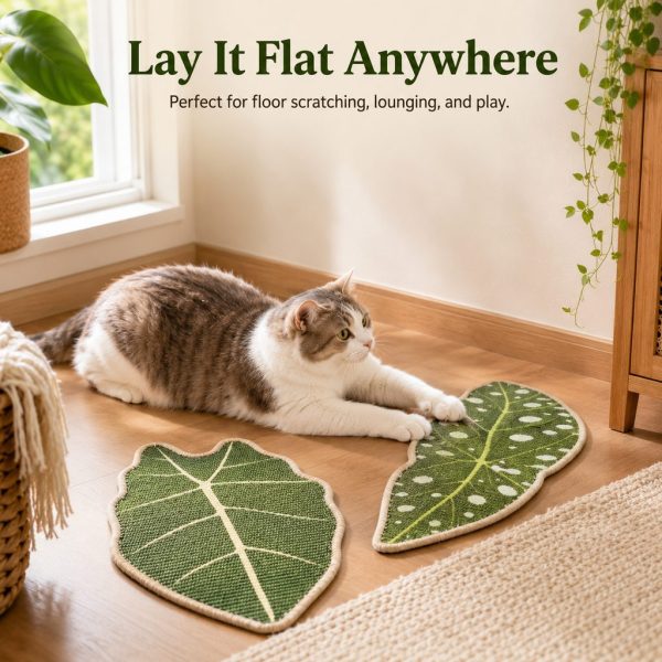Botanical sisal cat scratcher mat in two leaf shapes laid flat beside a reclining cat.