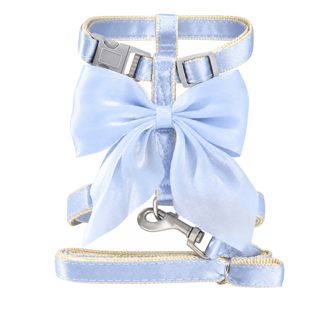 Blue bow cat harness and leash set on a clean background