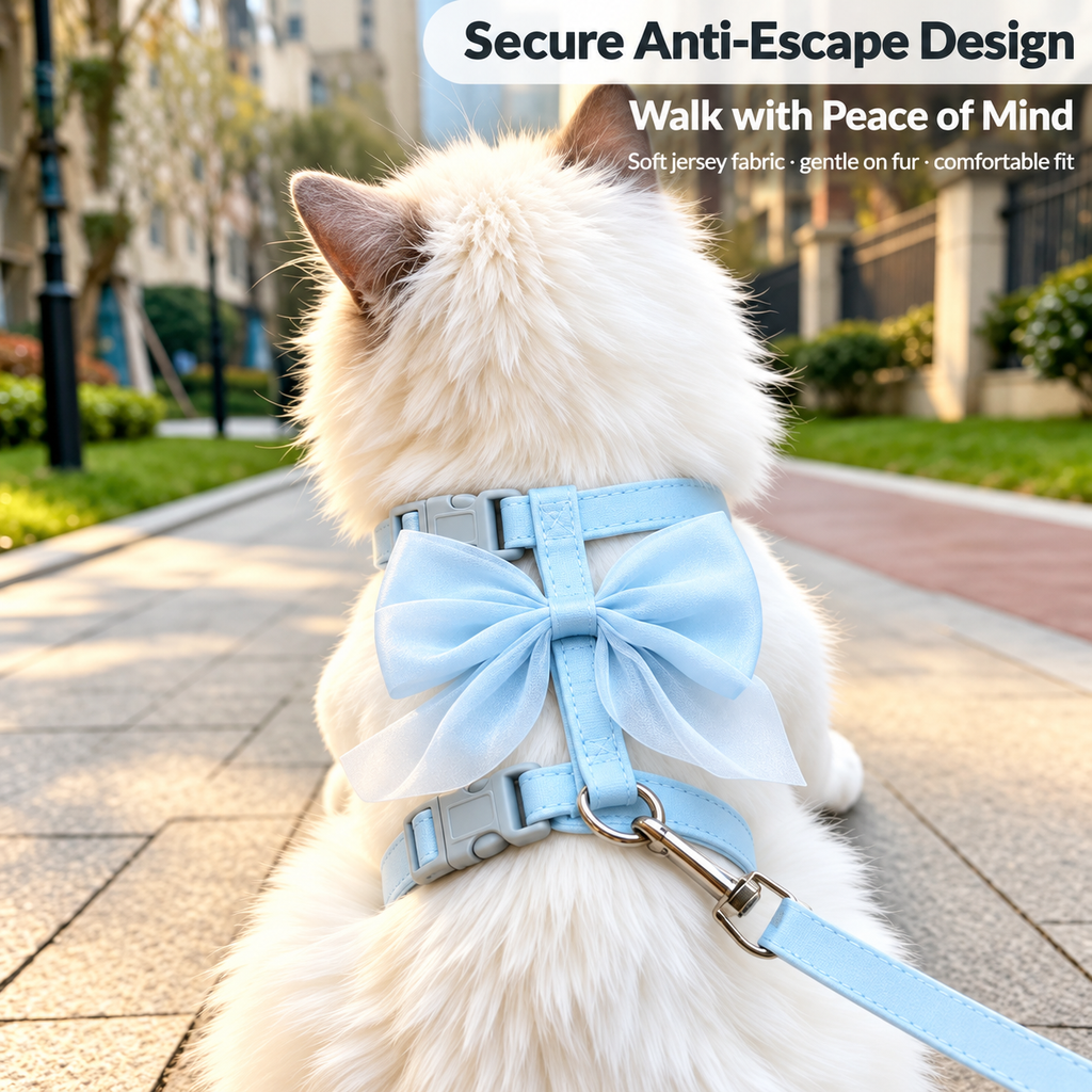 Bow cat harness and leash set worn by a cat during an outdoor walk