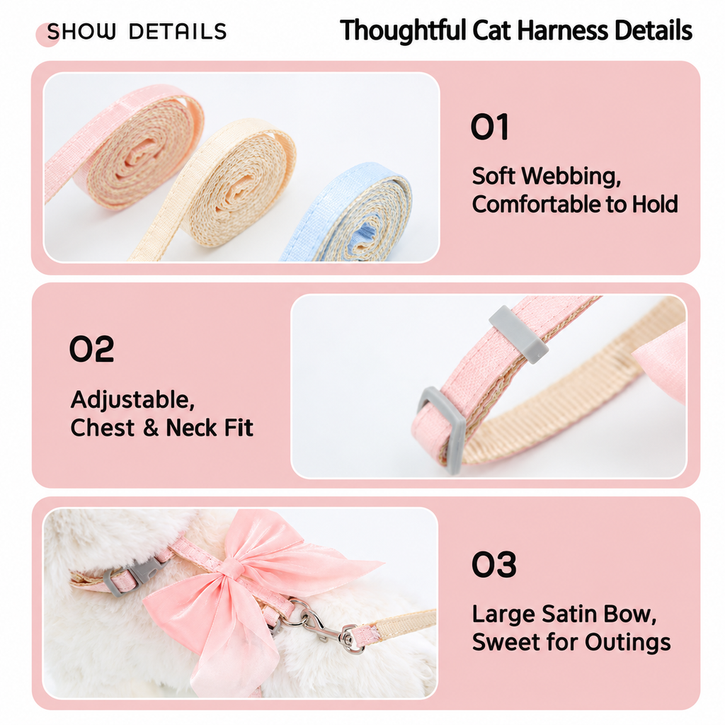Key bow cat harness and leash set features highlighted