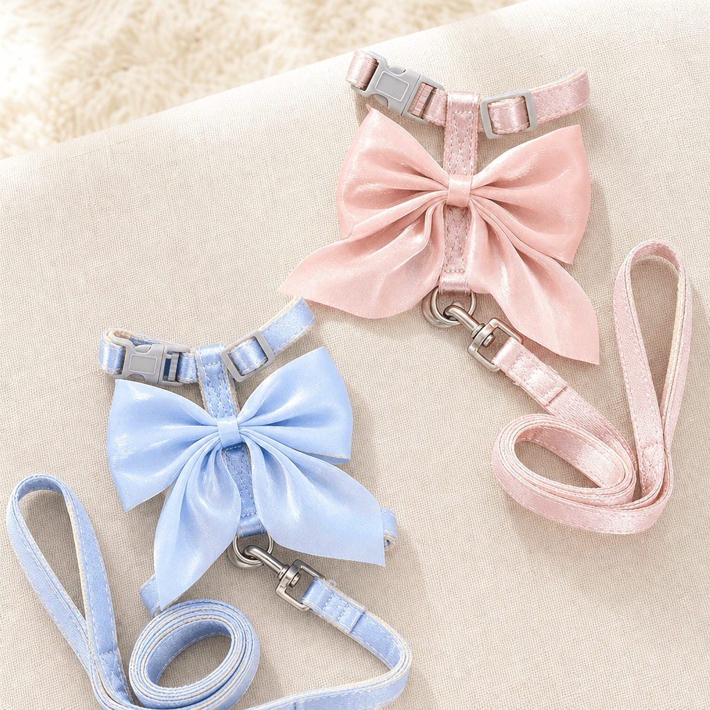 Complete bow cat harness and leash set set on a clean background