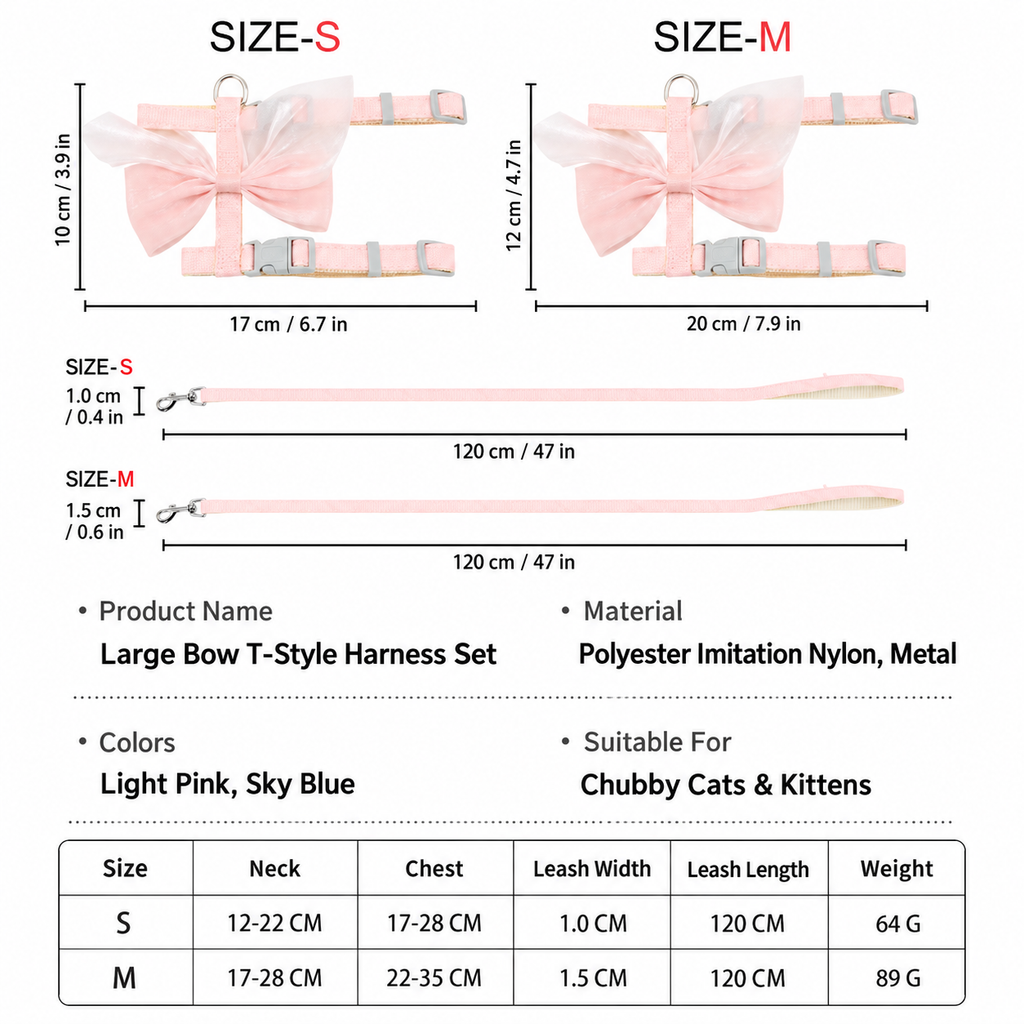 Size guide for bow cat harness and leash set