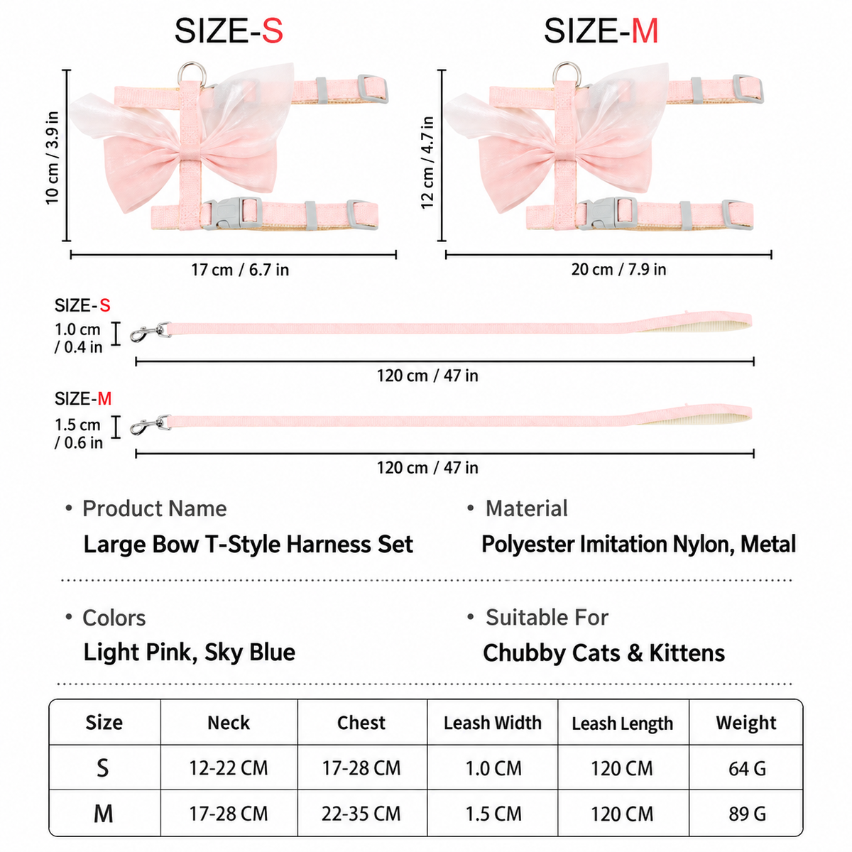 Size guide for bow cat harness and leash set