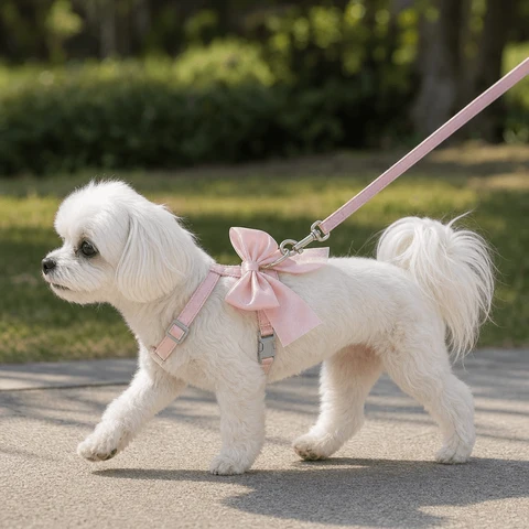 Bow cat harness and leash set worn by a small dog outdoors