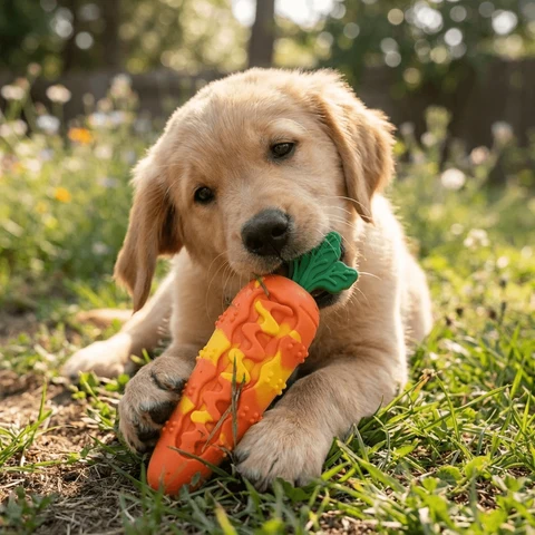 Carrot shaped dog chew toy held between a puppy's paws during outdoor chewing.