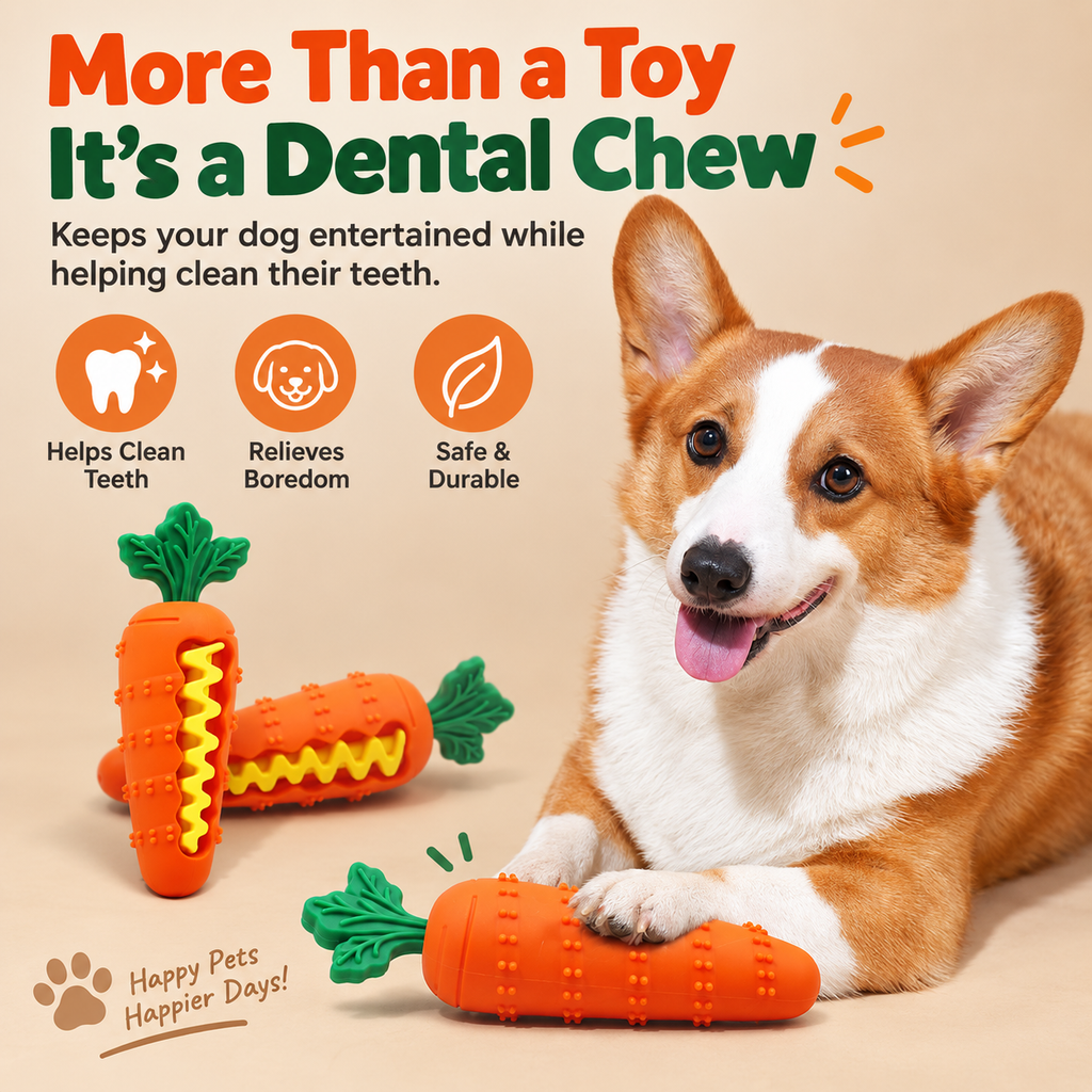Carrot shaped dog chew toy shown beside a corgi with grooves and raised textures visible.