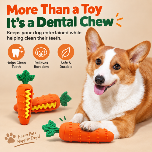 Carrot shaped dog chew toy shown beside a corgi with grooves and raised textures visible.