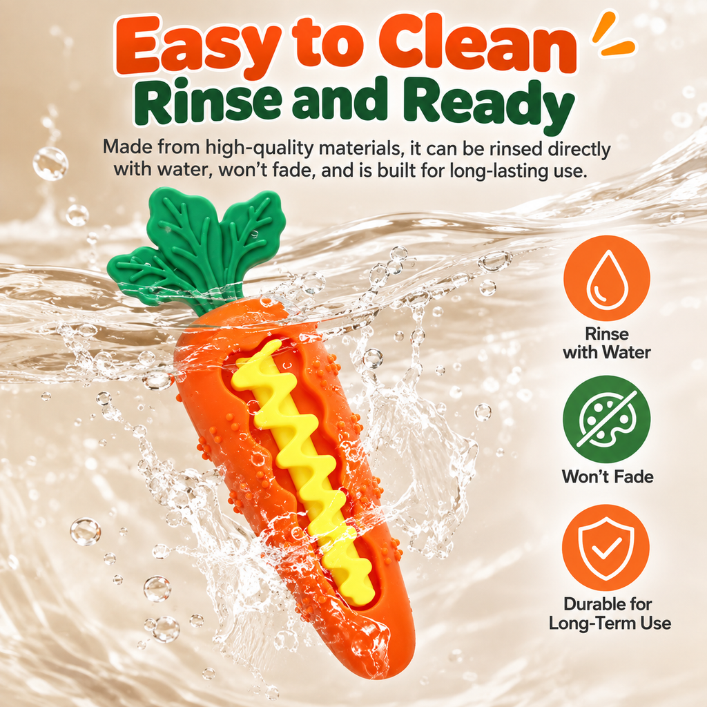 Carrot shaped dog chew toy being rinsed in water with the green leaf top visible.