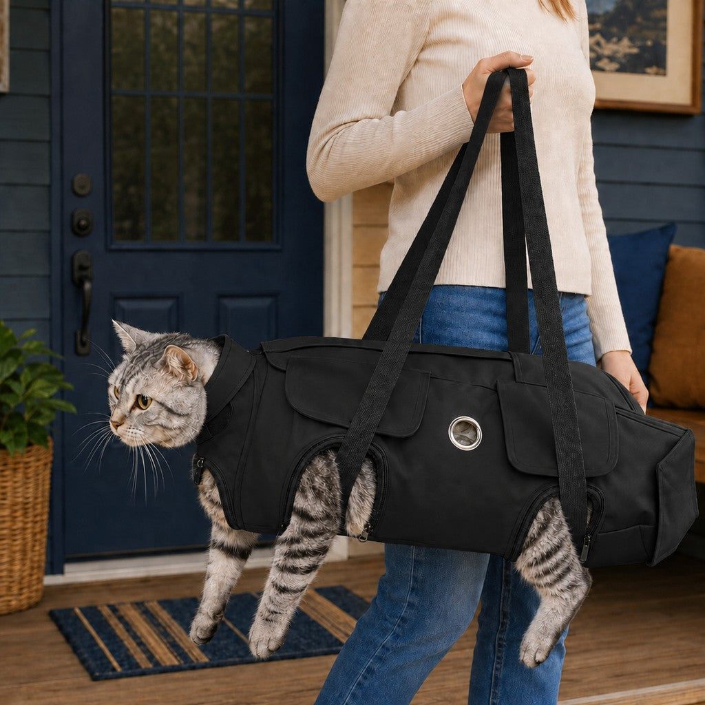 Cat grooming bag and carrier in black carried outdoors with a cat's head and legs visible.