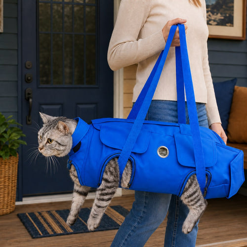 Cat grooming bag and carrier in blue carried outdoors with a cat's head and legs visible.