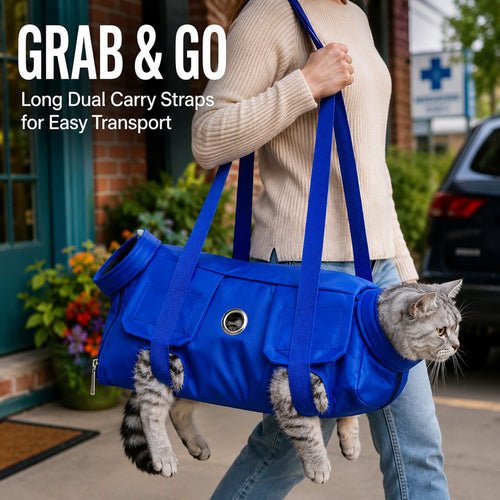 Cat grooming bag and carrier in blue held by long carry straps during a short outing.