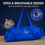 Cat grooming bag and carrier in blue showing the open head area and ventilation eyelets.