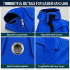 Cat grooming bag and carrier detail collage showing leg zippers, neck closure, vents and straps.