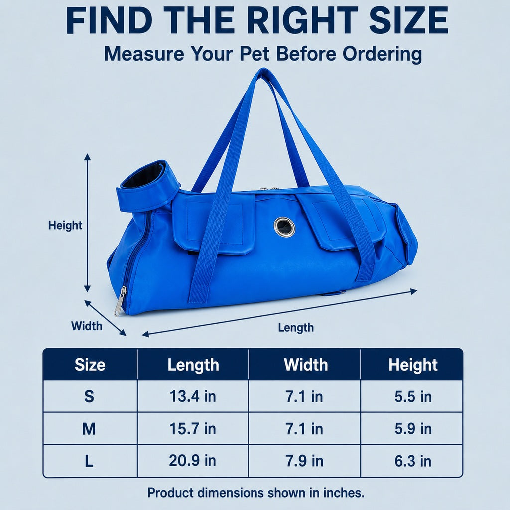 Cat grooming bag and carrier size chart with bag length, width and height measurements.