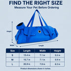 Cat grooming bag and carrier size chart with bag length, width and height measurements.