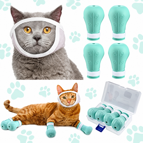Cat Grooming Muzzle with Silicone Paw Covers for Nail Trimming