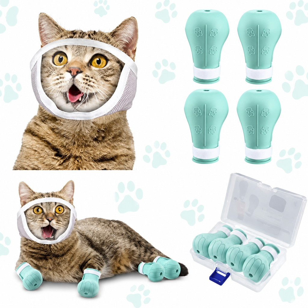 Cat Grooming Muzzle with Silicone Paw Covers for Nail Trimming – product image 7