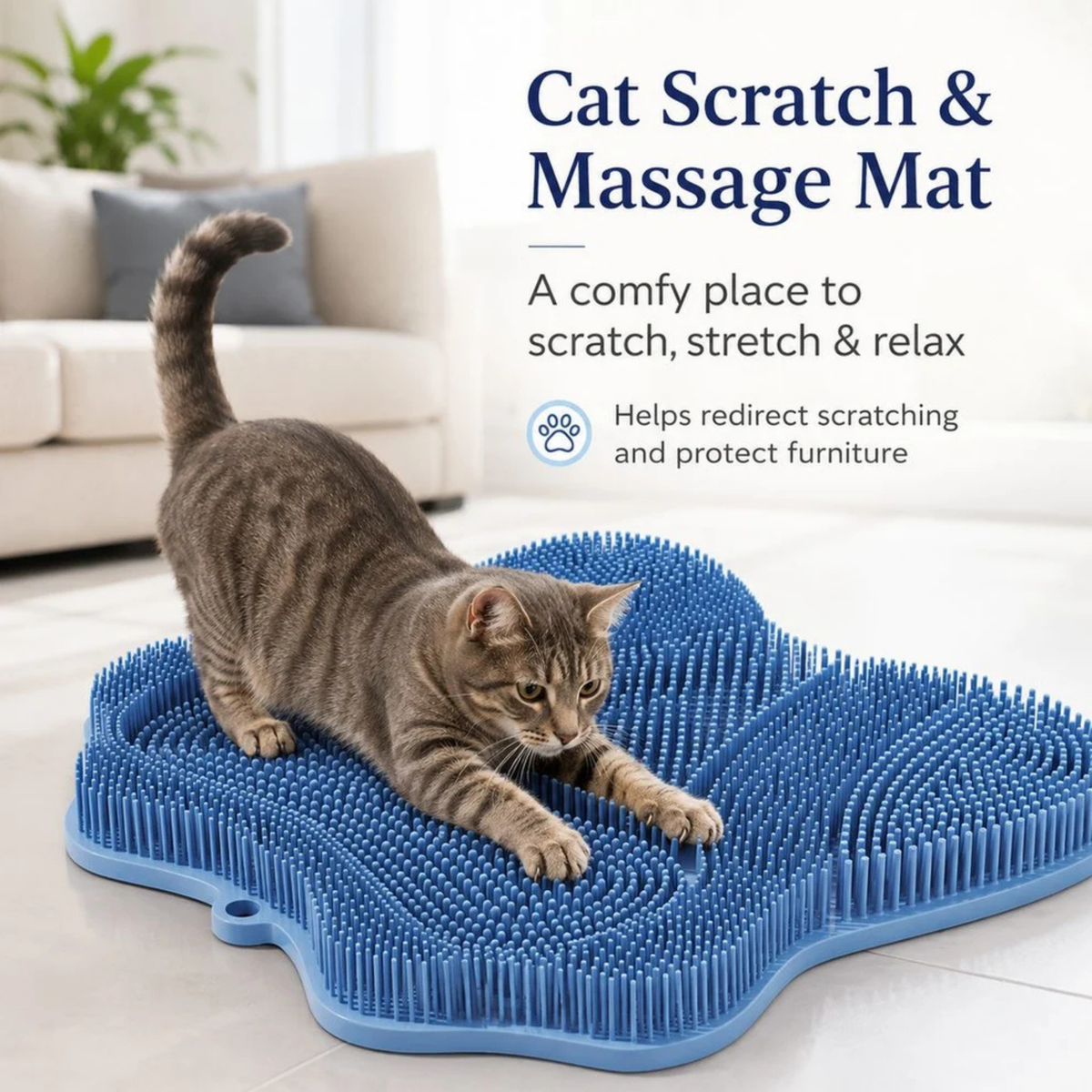 Cat scratching and grooming mat in blue with a cat scratching beside a sofa.