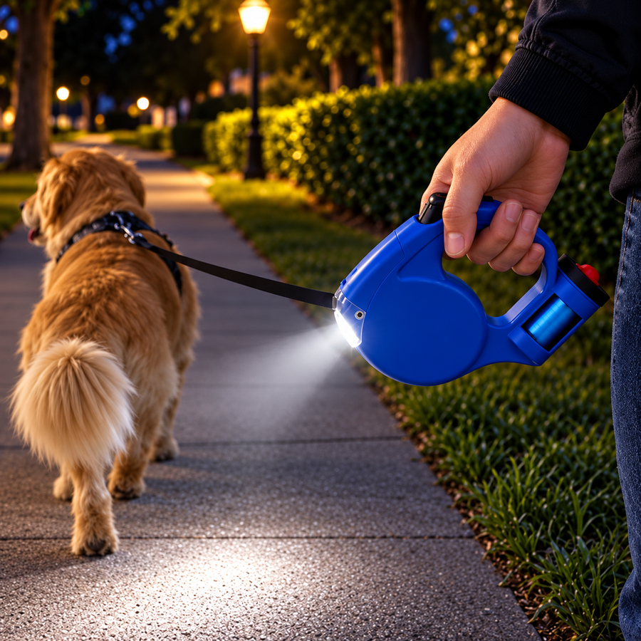 Retractable Dog & Cat Leash with LED Light & Waste Bag Dispenser