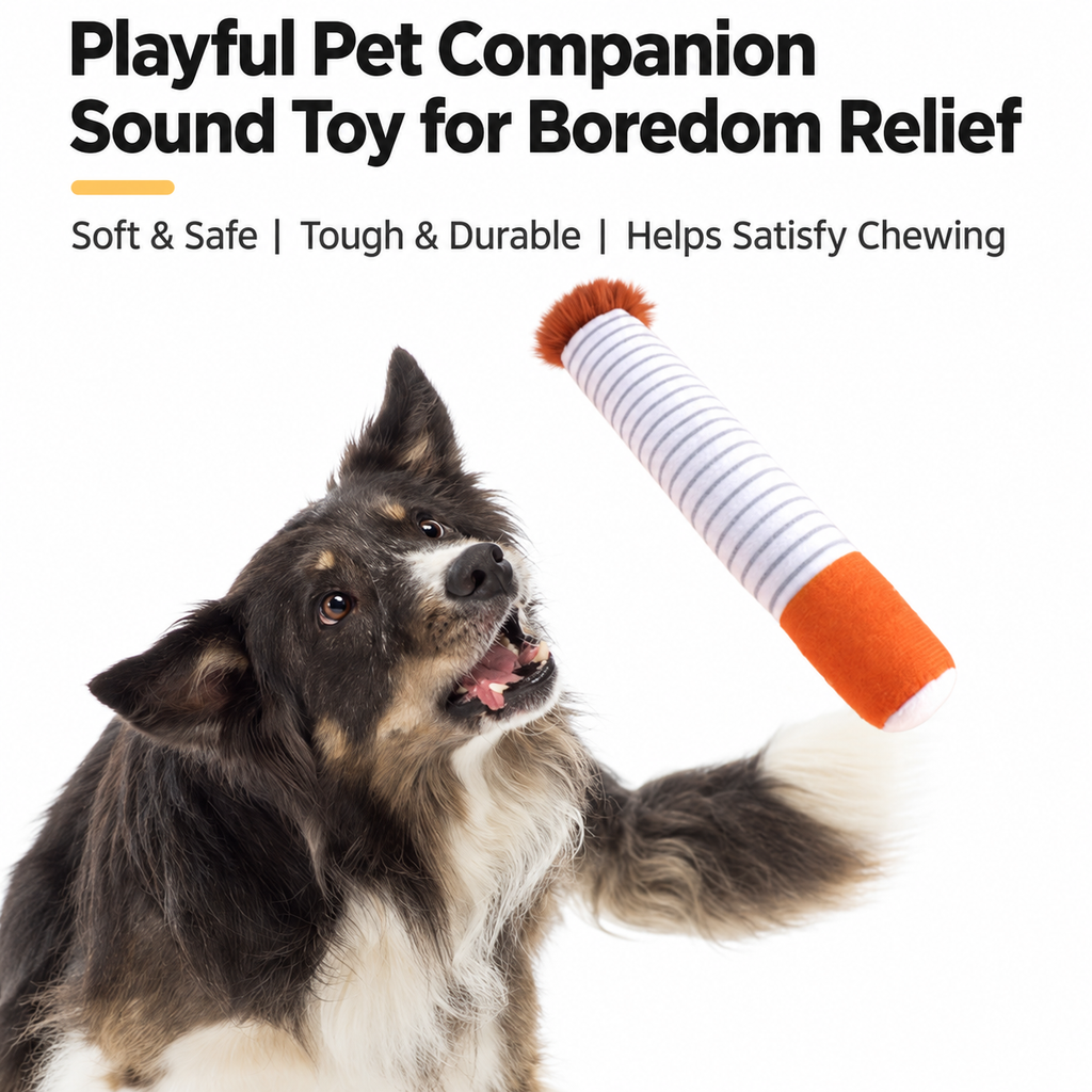 Cigarette-shaped plush dog toy with a dog chewing during play