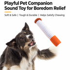 Cigarette-shaped plush dog toy with a dog chewing during play