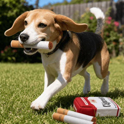 Cigarette-shaped plush dog toy carried by a dog during outdoor fetch