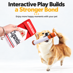 Owner and dog playing together with the cigarette-shaped plush dog toy