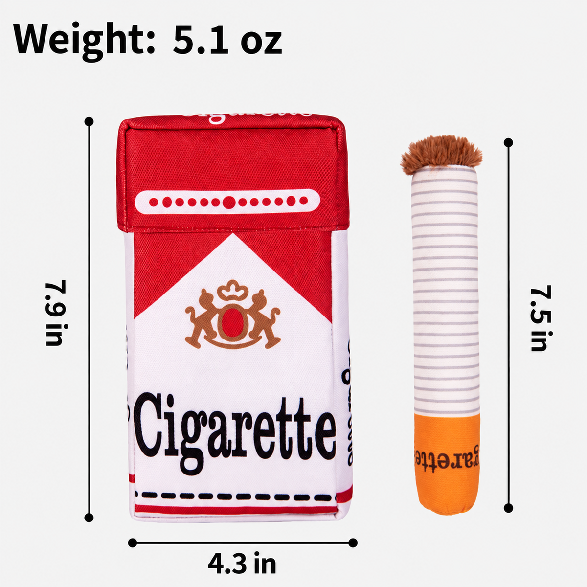Size guide for cigarette-shaped plush dog toy