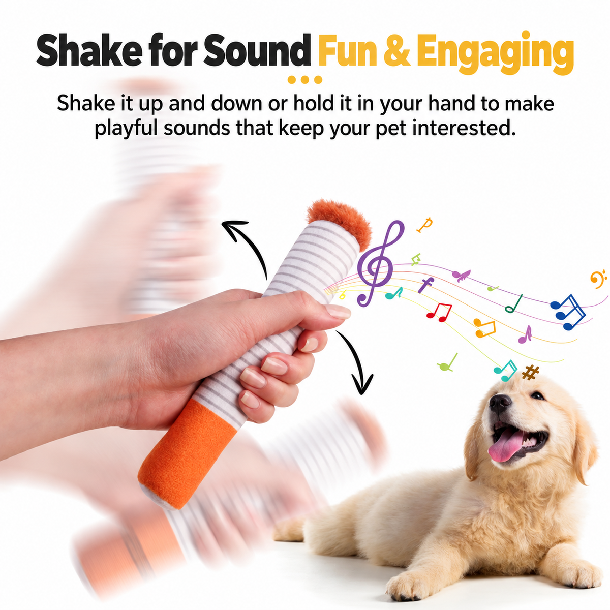 Sound feature demonstrated on the cigarette-shaped plush dog toy