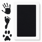 Clean touch pet paw print ink pad in black beside hand, foot and paw print examples.