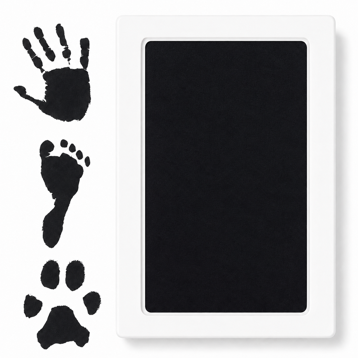 Clean touch pet paw print ink pad in black beside hand, foot and paw print examples.