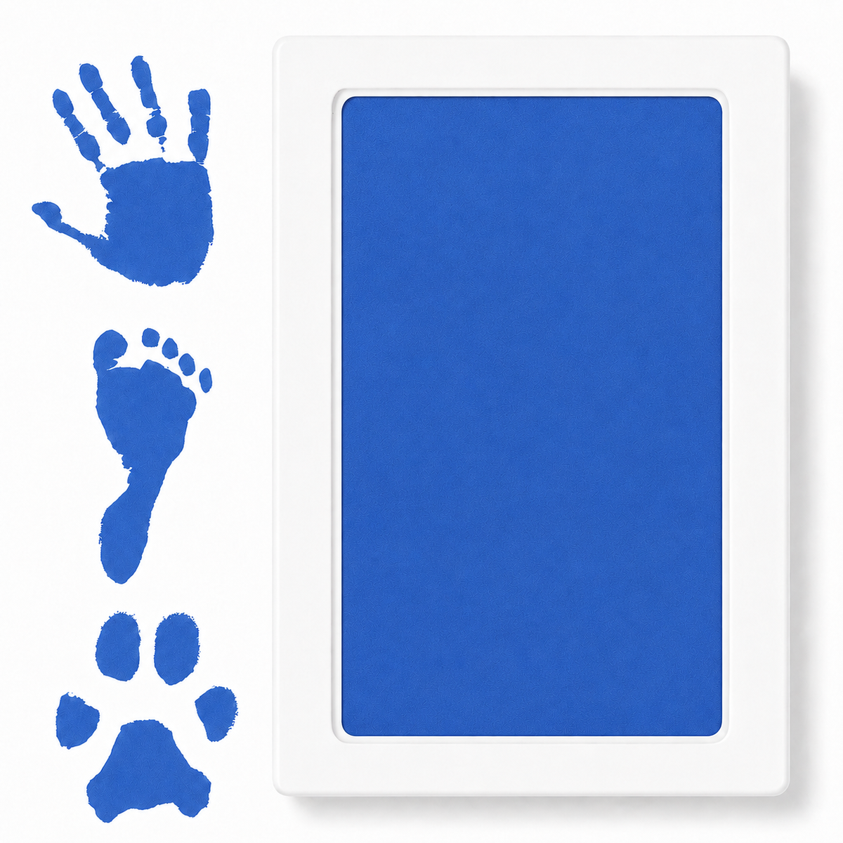 Clean touch pet paw print ink pad in blue beside hand, foot and paw print examples.